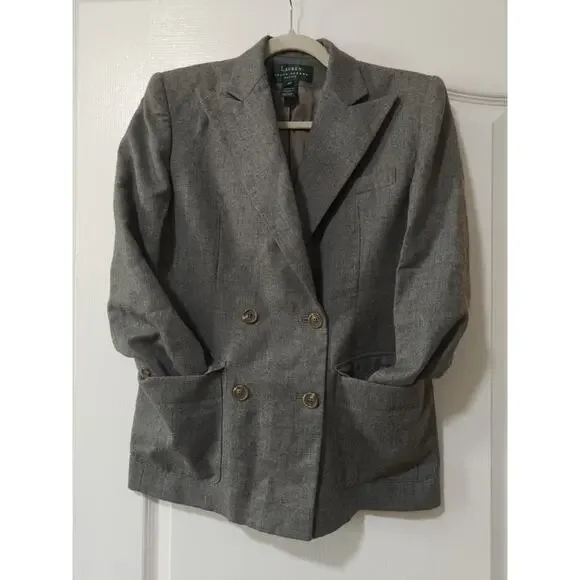 Lauren Ralph Lauren Vintage Gray Wool Petite Double Breast Blazer Classic Sz 4P - Picture 4 of 10